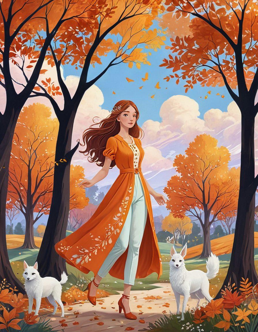 A captivating scene depicting a serene autumn landscape, infused with vibrant orange and gold leaves, blending nature with elements of anime art style. In the foreground, an elegant character inspired by Autumn Riley's illustrations, showcasing an intriguing mix of innocence and allure, surrounded by whimsical creatures and motifs related to adult animation. The background features stylized trees and a soft, dreamy sky, evoking a sense of fantasy and exploration. super-realistic. vibrant colors. fantasy art.
