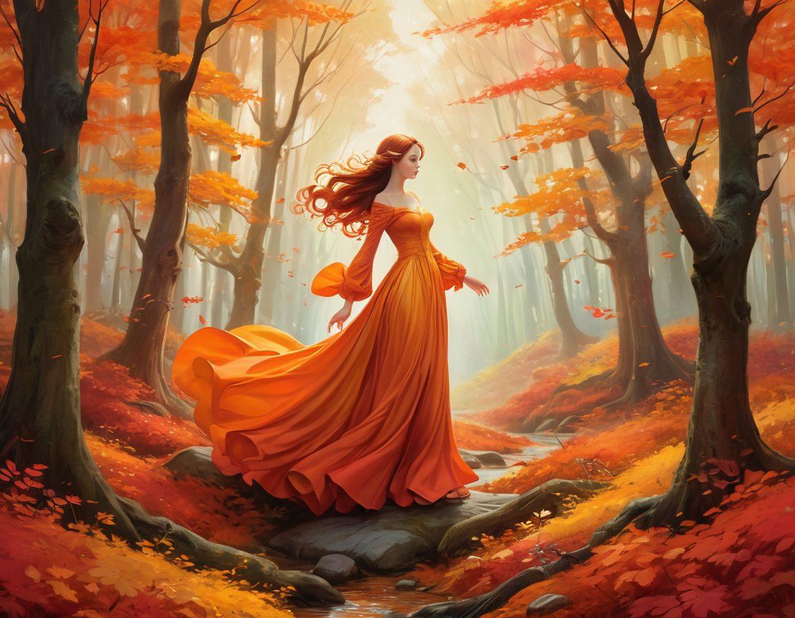 A captivating blend of autumn colors showcasing a vibrant forest filled with erotic artistry, featuring whimsical characters entwined in nature's embrace. Incorporate subtle nods to cultural symbols that reflect the allure of Hentai, with graceful, fluid lines capturing the essence of Autumn Riley's work. The scene should evoke a sense of intrigue and allure, inviting the viewer to explore deeper. Illustrative style with a touch of fantasy. vibrant colors. soft focus.